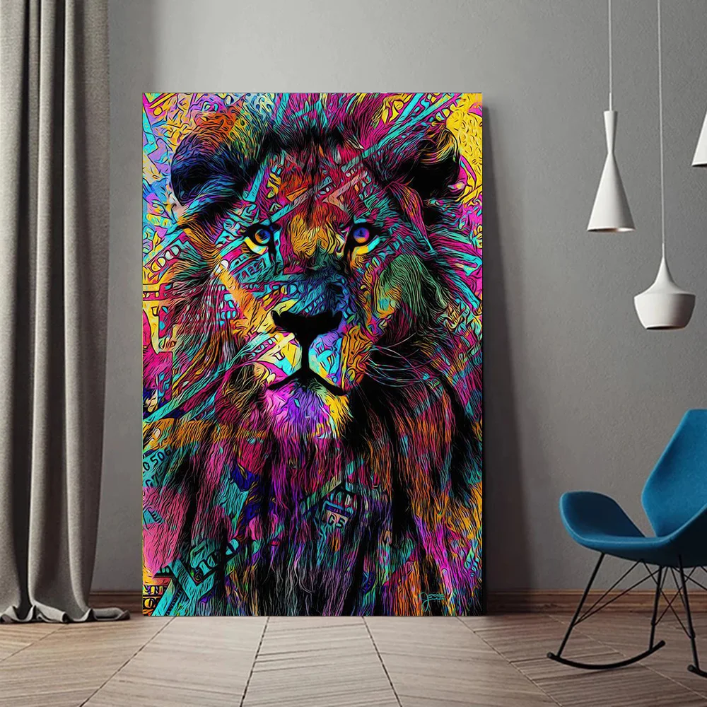 

Modern Graffiti Colorful Fox Lion Canvas Paintings Tiger Wearing Crown Wall Art Posters And Prints Picture for Living Room Decor