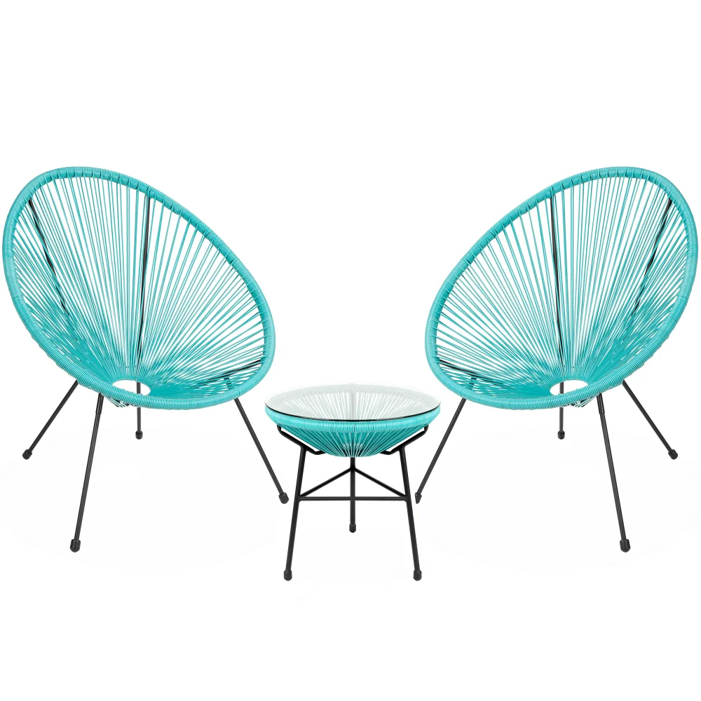 

3pcs Acapulco Patio Chair All-Weather Weave Lounge Chair Patio Oval Chair for Indoor Outdoor, 2 Chairs W/ Top Glass Table, Aqua