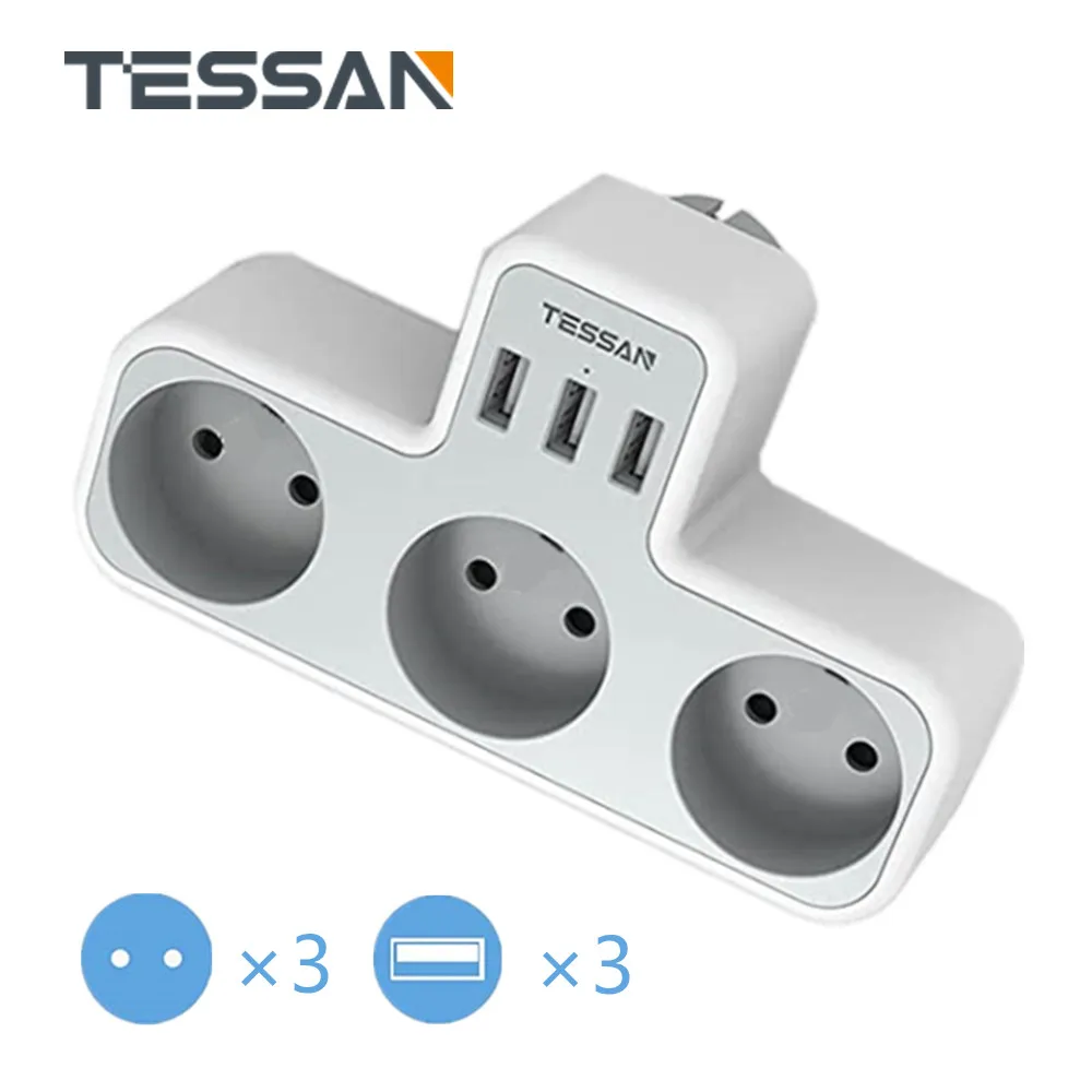 TESSAN EU Standard Plug Power Strip with 3 USB Ports &amp AC Outlets Multi Extender Wall Socket Adapter Type-E/F |