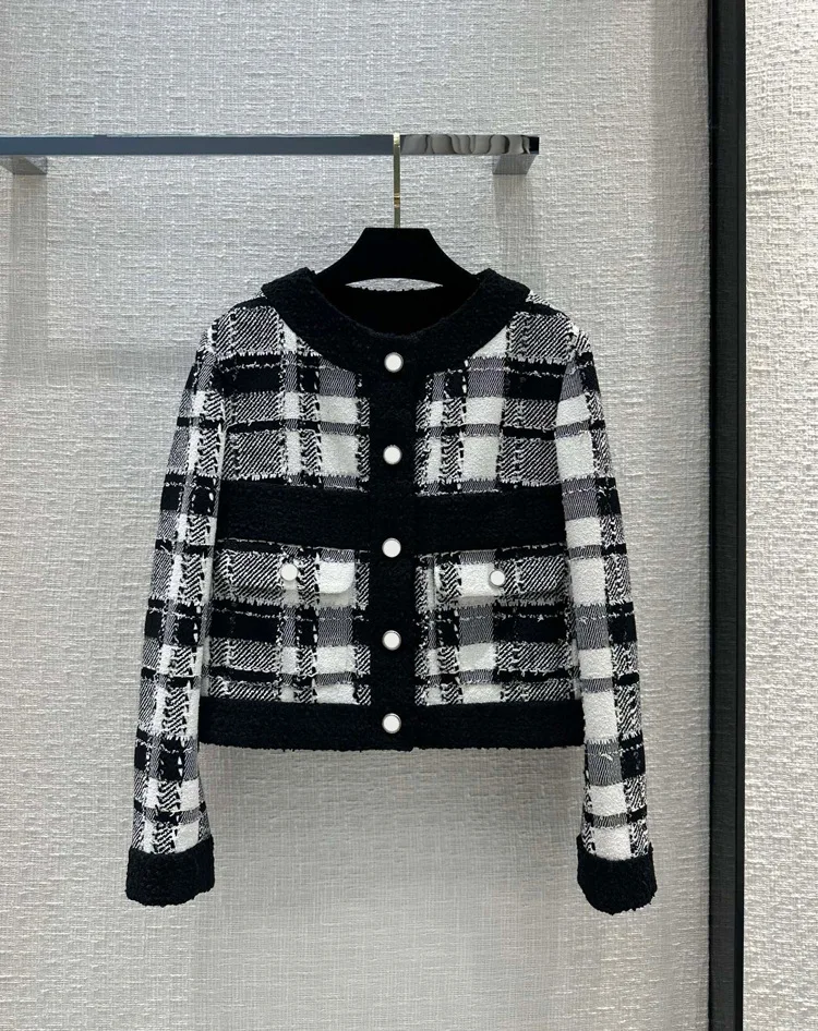 

2023 new Spring Single Breasted Office Lady Outwear black plaid Coat Women Tops Vintage short loose Tweed Jacket female