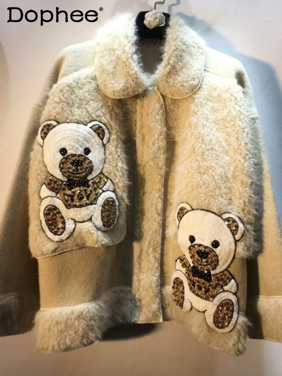 

Exquisite Rhinestone Beaded Cute Cartoon Patch Lamb Fur Woolen Coat Women Thick Warm Cardigan Jacket 2022 Autumn Winter Clothes