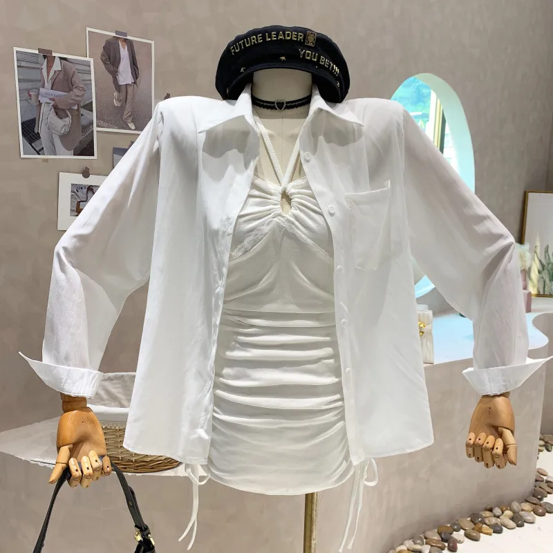 

Niche Design New Women 2022 Autumn Loose Slim Sunscreen Shirt Top Halter Suspender Hollowed Out Drawstring Dress Two Piece Set