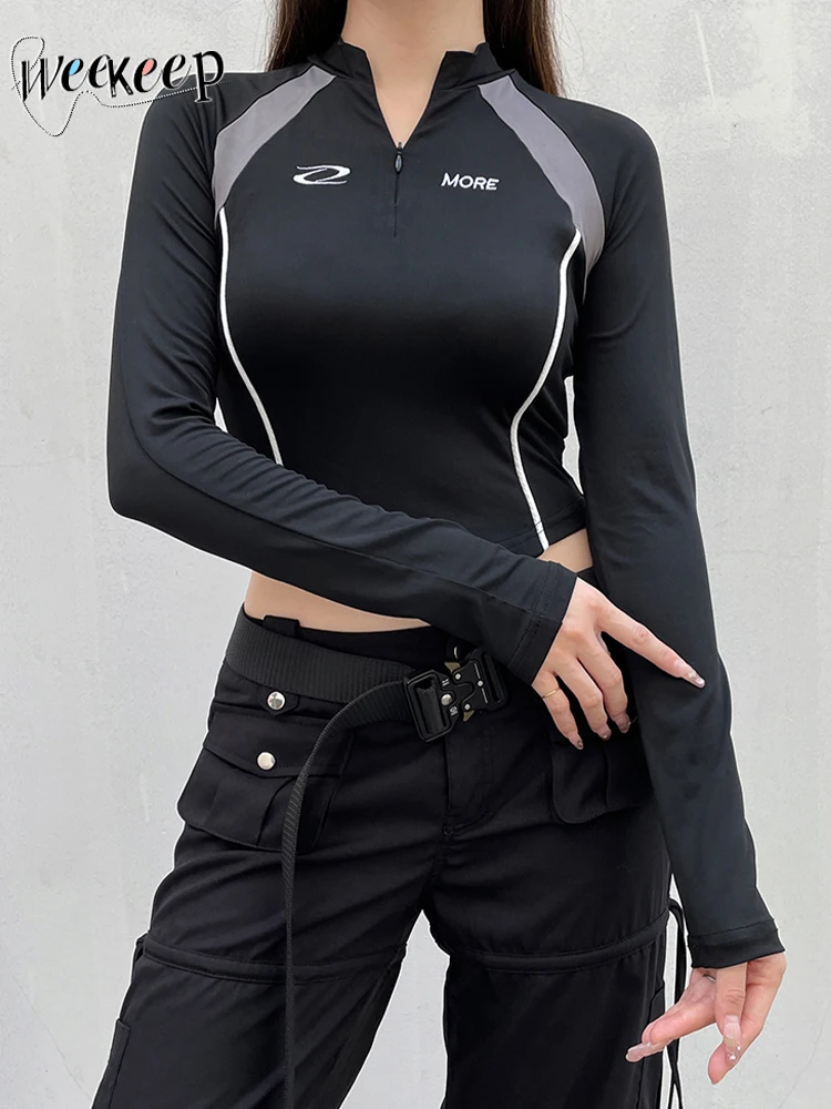 

Weekeep Streetwear Zip Up Crop Top Stitched Full Sleeve Skinny Techwear T-shirt Autumn Fashion Y2k Basic Women's Tees Punk Style