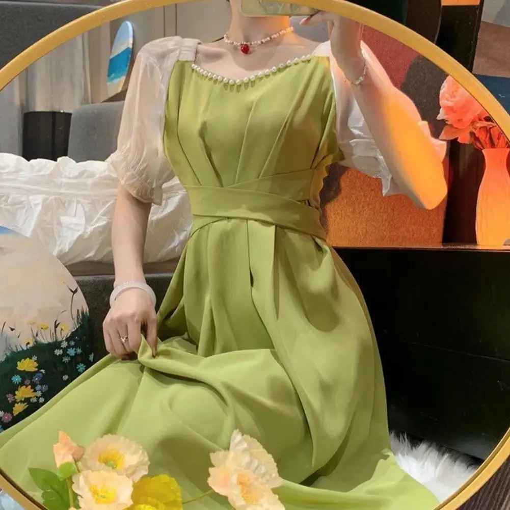 

Women Dress High-waist Casual Dress French Style Patchwork Color A-Line Dress