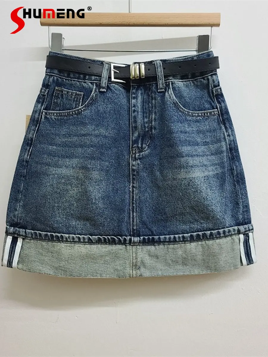 

2023 Spring New Korean Style Contrast Color Flanging Design Denim Skirt Women High Waist Slimming A- Line Hip Mini Skirt Faldas