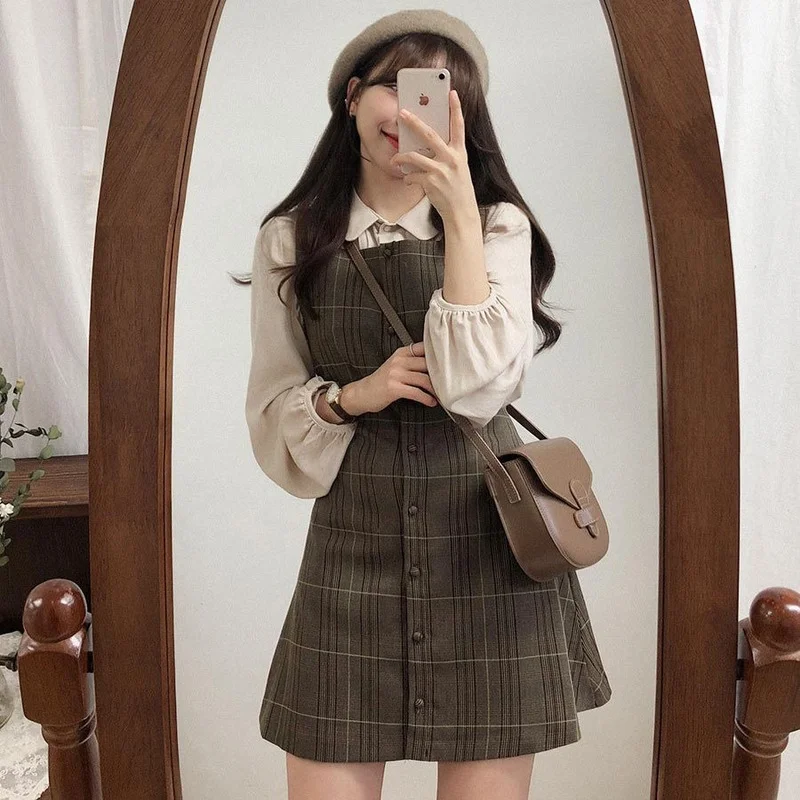 

QWEEK Soft Girl Kawaii Mini Dress Women Vintage Plaid Japanese Style Design Retro Button Short Dresses Casual Korean Chic 2021