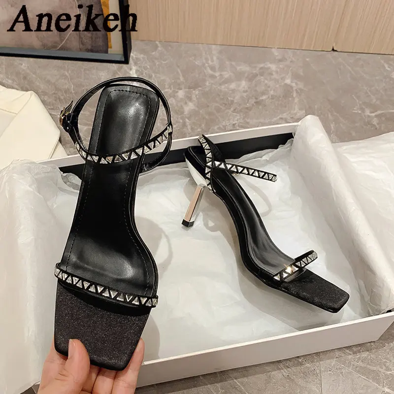 

Aneikeh Crystal Rhinestone Square Head Open Toe Slim Fit High Heel Sandals 2024 Women's PU Simple Office & Career Heels Summer