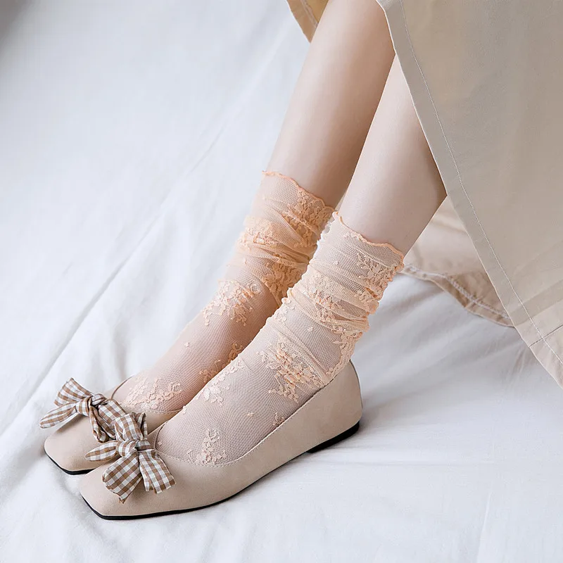 

Spring And Summer New Female Socks Sweet Day Department Solid Color Big Flower Hollow Stockings Pile Socks