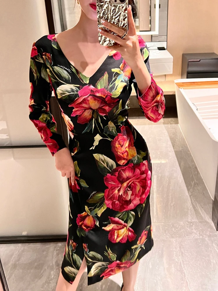 

Женское винтажное трикотажное платье, дизайнерское платье-пуловер с V-образным вырезом и высокой талией, прямая юбка с сумочкой на бедрах, весна