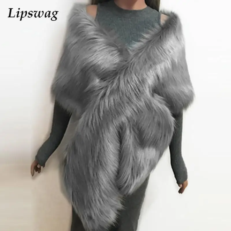 

Winter Casual Solid Soft Warm Faux Fur Fox Cloak Coat Women Fashion V Neck Criss-cross Shawl Tops Vintage Hairy Scarf Cardigan