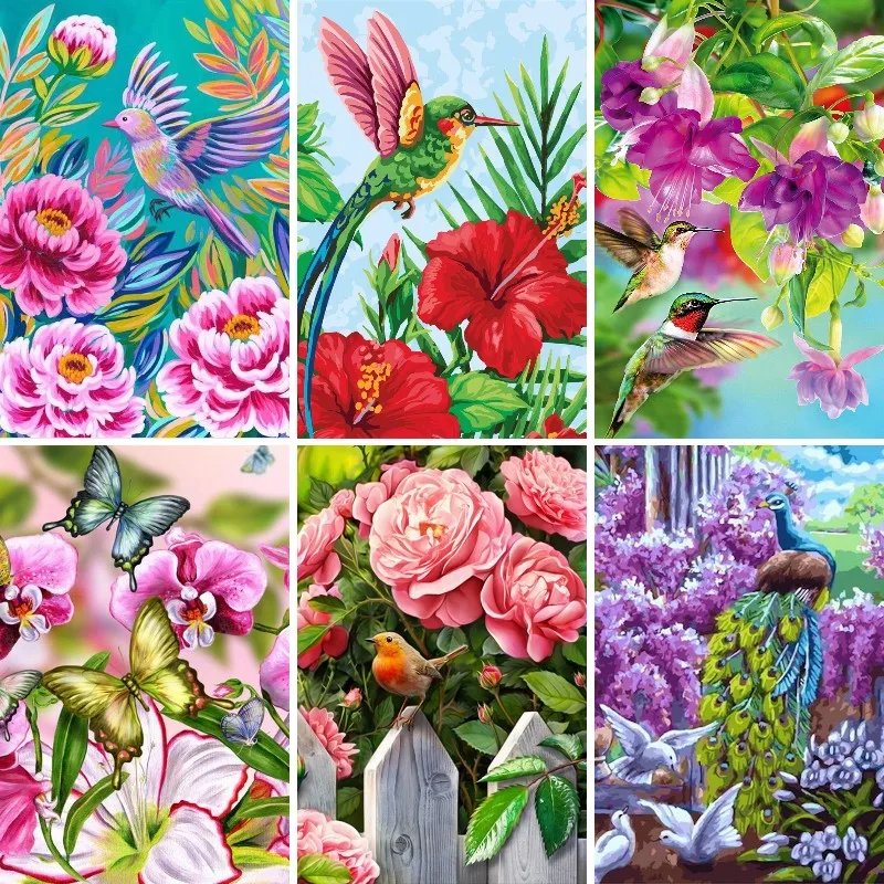 

Full Square Diamond Painting Art Embroidery Cross Stitch Full Square Beads Home Decor Tropical Floral Hummingbirds Patterns