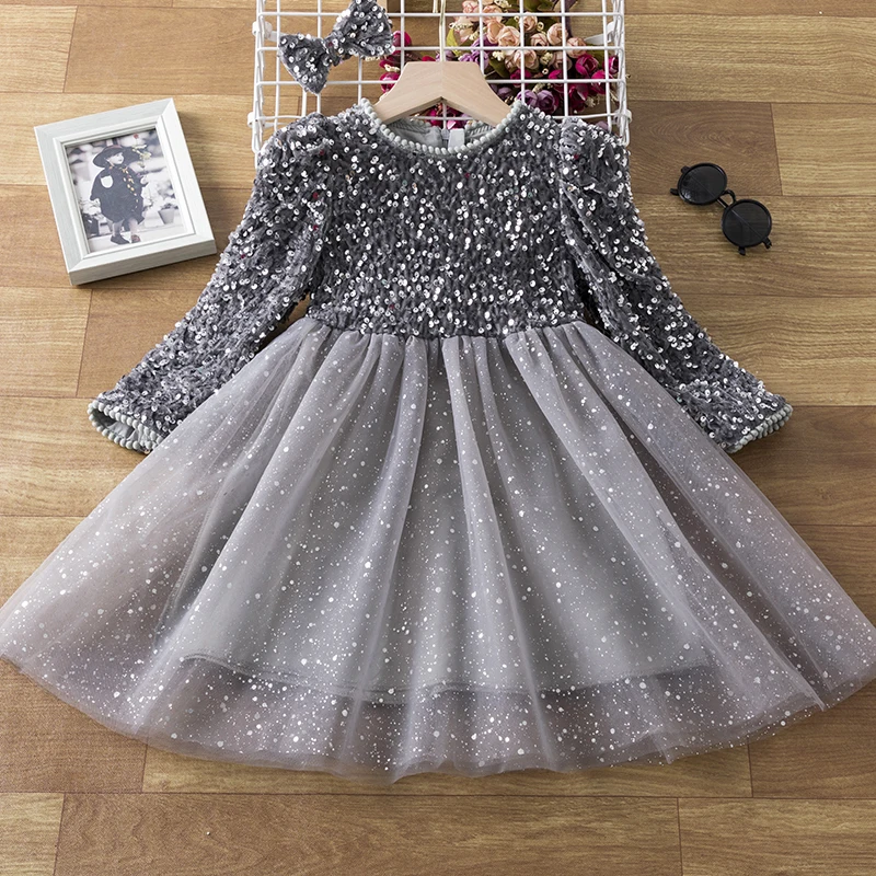

Puff Sleeve Christmas Girls Princess Party Dresses for Winter Sequin Wedding Evening Gown Long Sleeve Children Casual Clothes
