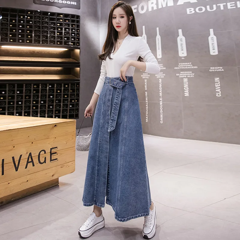 Women Midi Button Jeans Skirts A Line Chic Denim Long Skirt High Waist Big Hem Casual Jean Skirt Belt Spring Fall images - 6