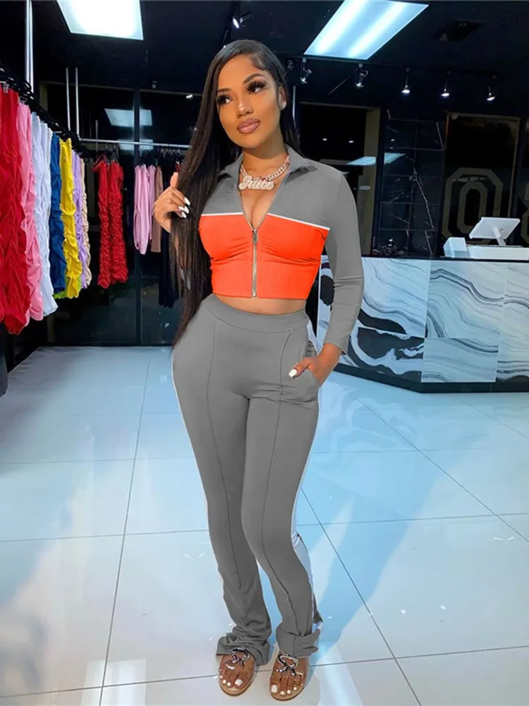 

2 Piece Set Women Fall Clothes Outfit Patchwork Bodycon Zip Top Lace Up Pocket Leggings Matching Set Wholesale Dropshipping 2020