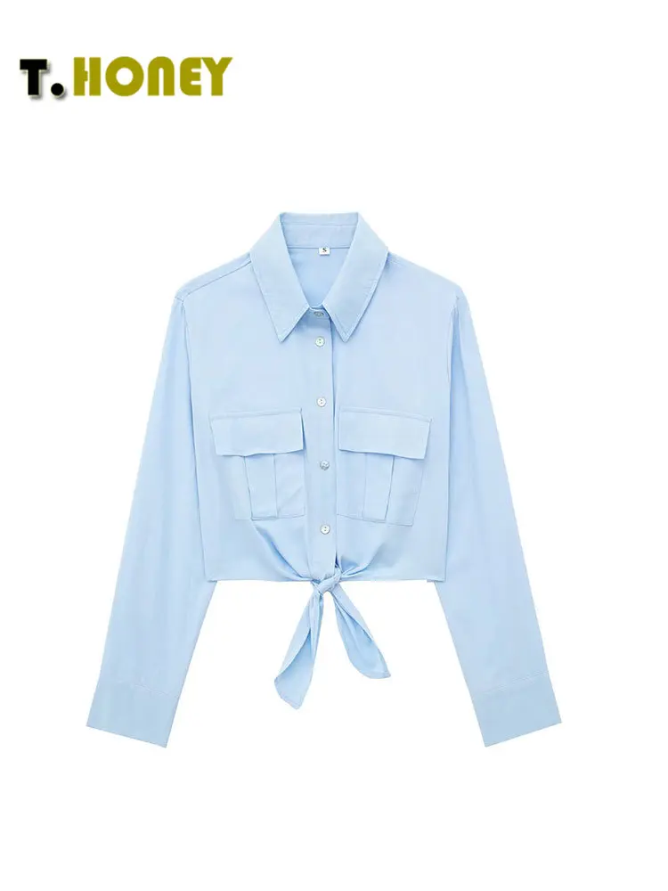

TELLHONEY Women Fashion Lapel Collar Single Breasted Blouses Female Casual Long Sleeves With Pockets Hem Knotted Blue Shirt