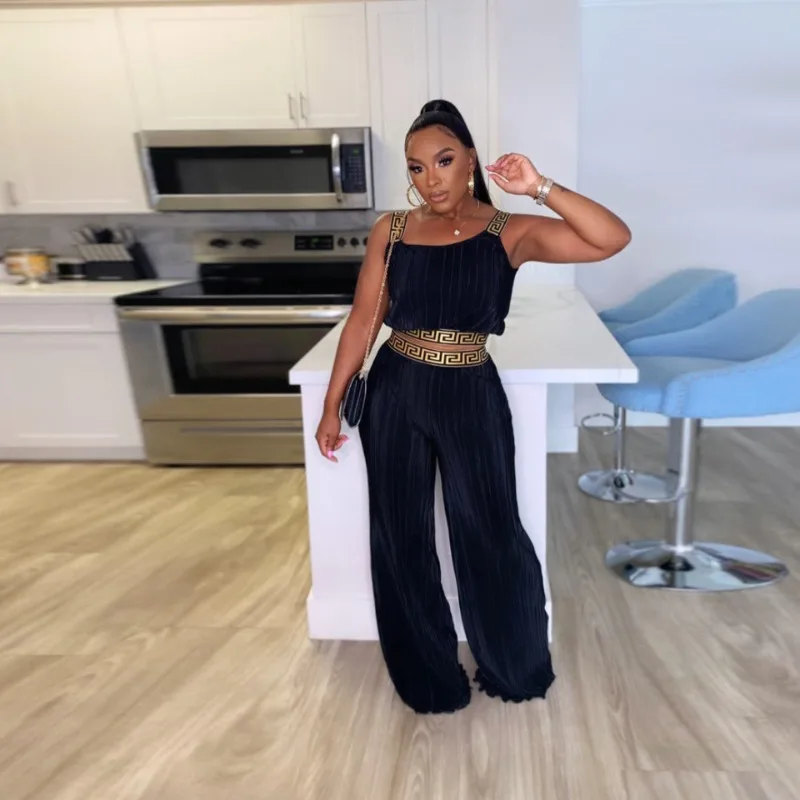 

Solid Pleated Casual Slim Y2k Two Piece Set Women Sexy Sleeveless Backless Crop Top High Waist Wide Leg Pants Hipster Streetwear