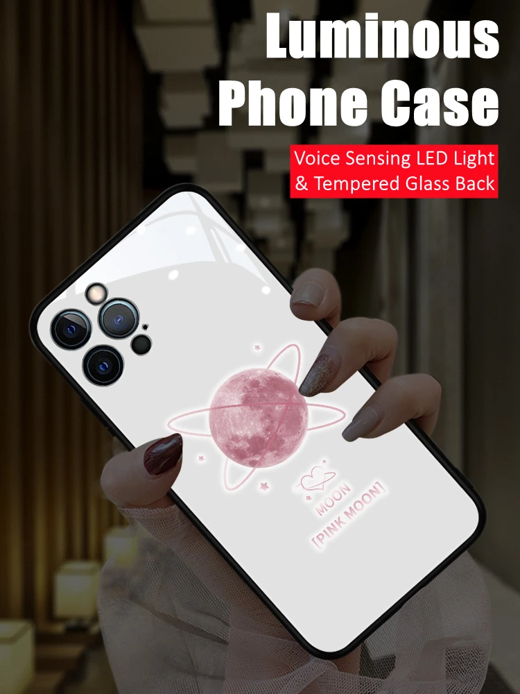 

Voice Sensing Colorful LED Light Glowing Luminous Tempered Glass Flexible TPU Frame Phone Case for iPhone XR 11 12 13 14 Series