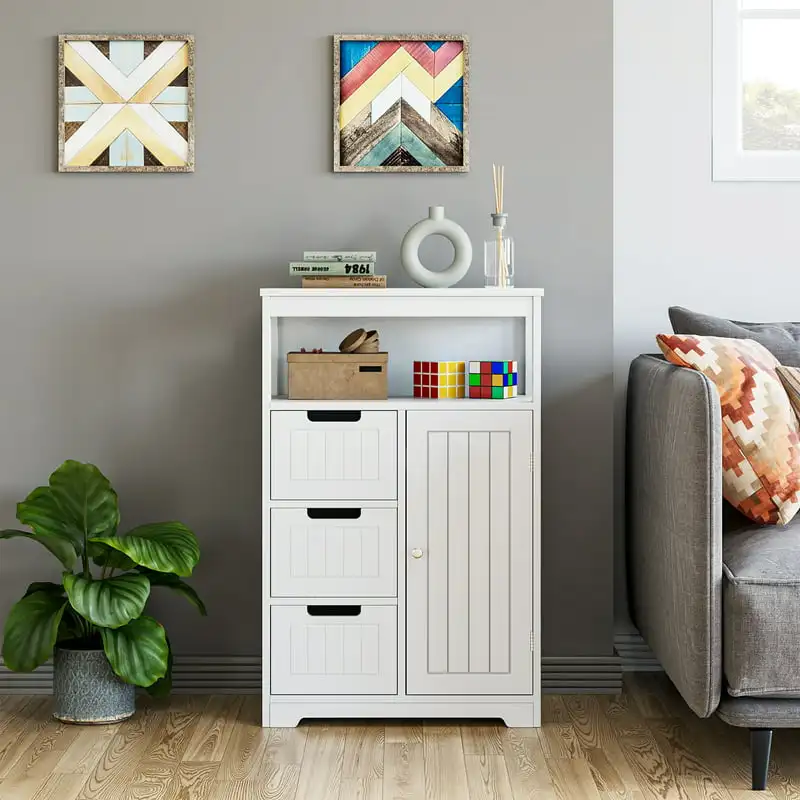 

Floor Cabinet with 3 Drawer and 1 Cupboard, Wooden Free Standing Storage Cabinet Corner Organizer Unit Dresser, White