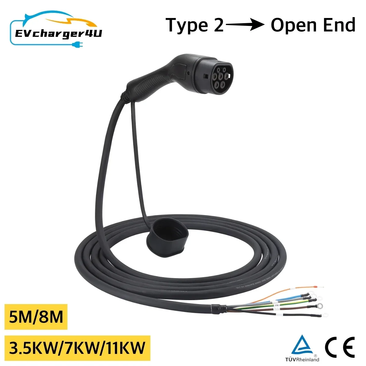 

EVcharger4U Кабель для зарядки EV с открытым концом, тип 2, 16 А/32 А, 1 фаза/3 фазы, 250 В/480 В, 3,5 кВт/7 кВт/11 кВт/22 кВт, 5 м для электромобиля