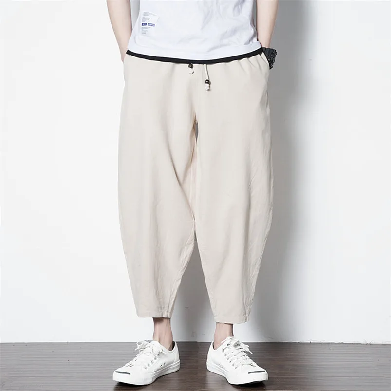 

High Quality Men's Casual Pants Cotton Linen Ankle-Length Trousers Japan Style Loose Solid Pants Large Size M-7XL 10 color