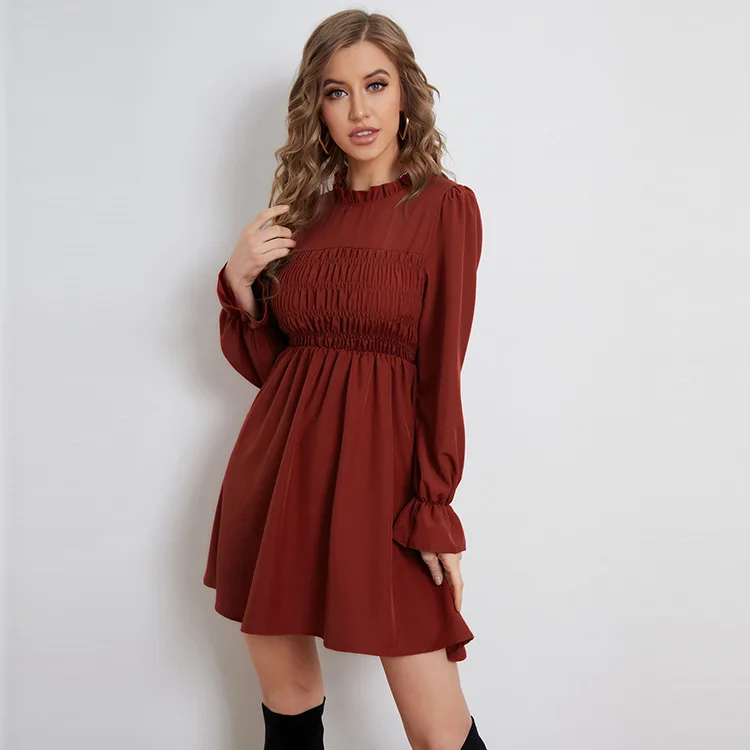 

Summer 2022 Casual long sleeves O collar Spring new bubble head sleeve casual dress one line folding dresses for women