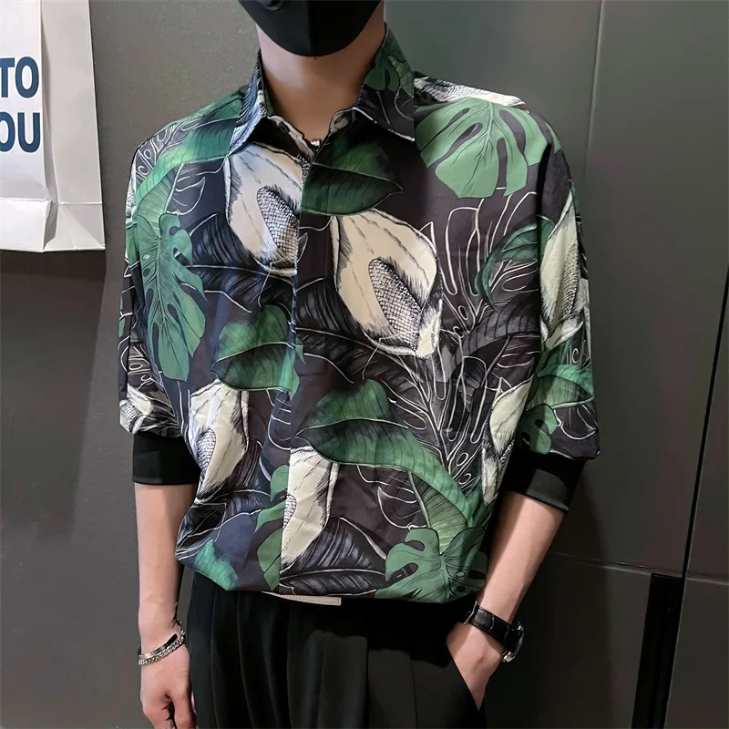 Flower Print Pullover Shirts Men Summer Half Sleeve Loose Casual Shirt Streetwear Social Party Camisas Para Hombre Men Clothing