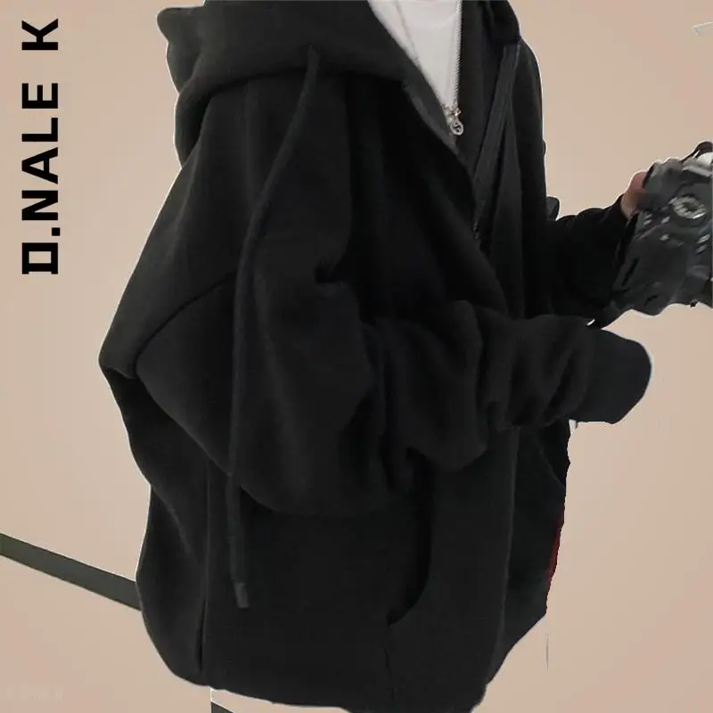 

D.Nale K Solid Color Long Sleeve Hooded Women Hoodies Harajuku Korean Version Loose Sweatshirts Vintage Sweatshirt Zipper Coats