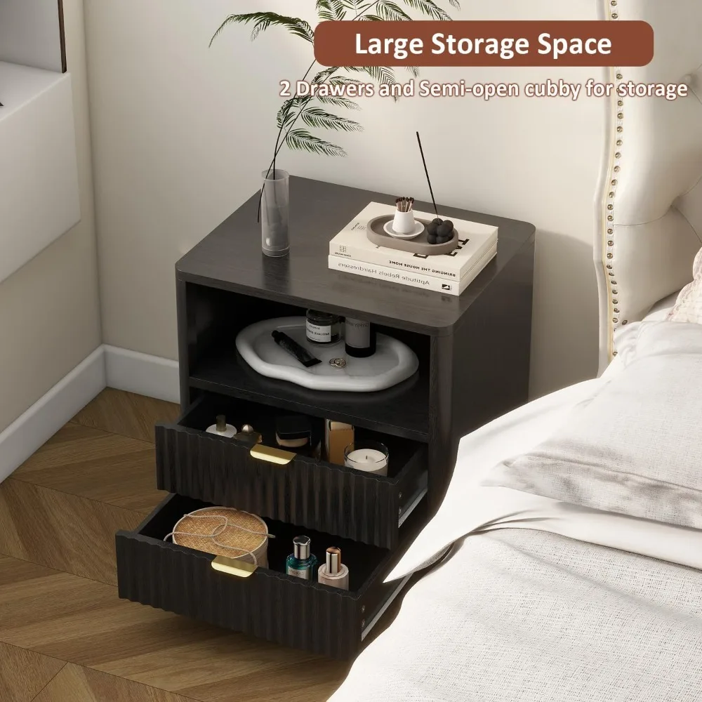 Набор рифленых тумбочек из 2 шт. черные прикроватные тумбочки с ящиками и