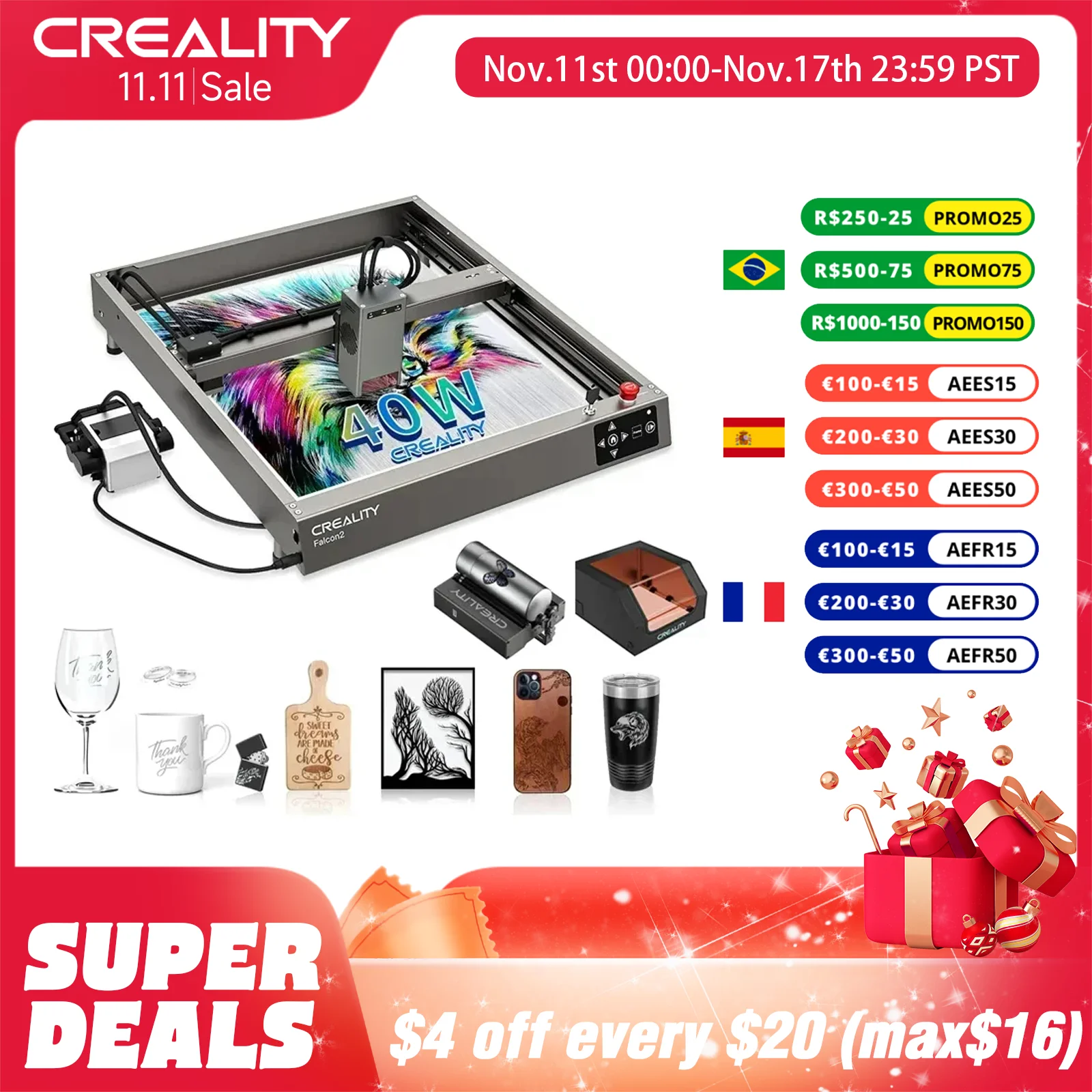 

Creality Falcon 2 Laser Engraver 40W Output DIY Laser Cutter Machine Air Assist Lens Monitoring 25000mm/min CNC Engraving Metal