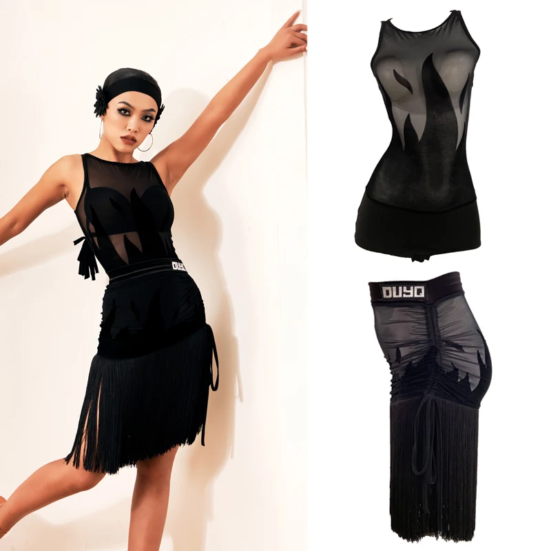 

Woman Competition Dance Dress Sexy Sleeveless Mesh Top Fringed Skirts Practice Suit Female Tassels Latin Dance Clothes SL6488