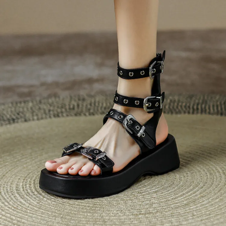 

Black Platform Women Gladiator Sandals Ins Flats Wedge Thick Bottom Rome Summer Sandalias Stud Buckle Strap Chaussure Femmes