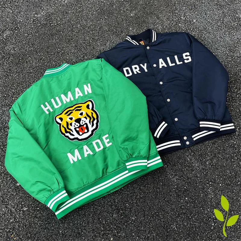

Japanese Street Fashion Vintage Embroidery Human Made Jackets Tiger Head Green Baseball Jacket Askew Cotton-padded Men Women
