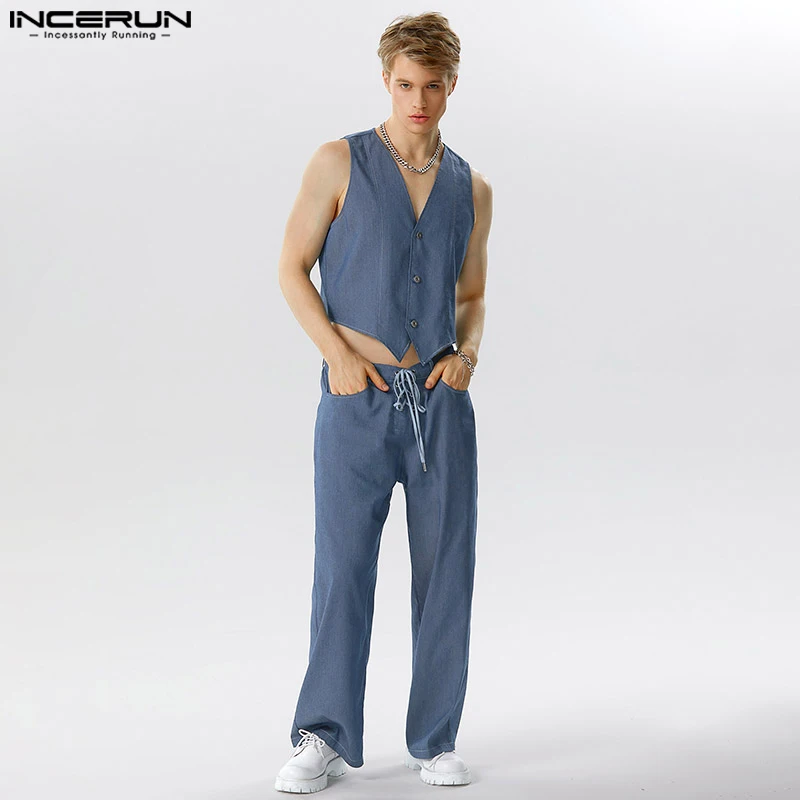 

Модные повседневные стильные мужские комплекты INCERUN, джинсовые цветные жилеты и брюки, уличная одежда, мужские однотонные универсальные комплекты из двух предметов, модель 2023