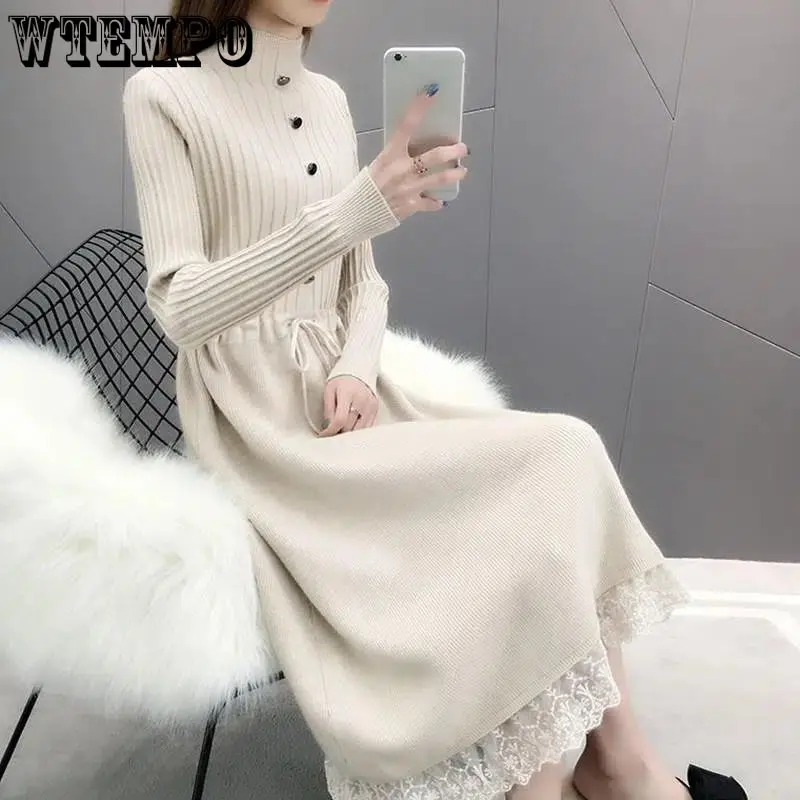 

Korean Long Sleeved Lace Sweater Dress for Women's Half High Collar Knitted Pullover In Autumn and Winter Wholesale