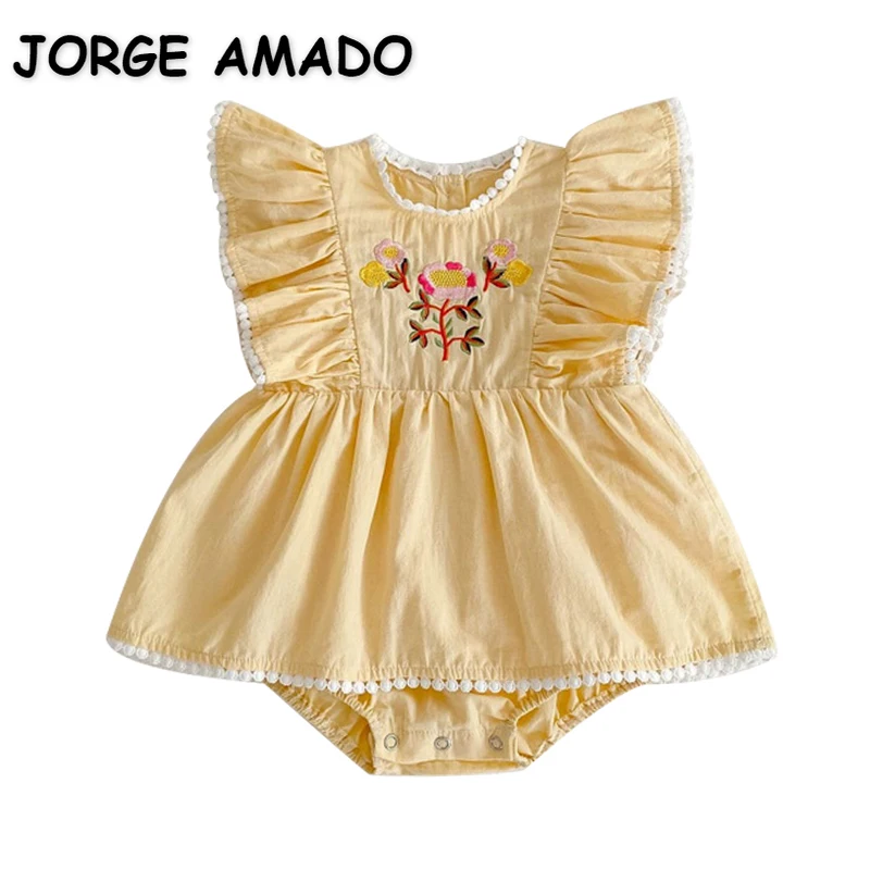 

Summer Bodysuit for Baby Girl Round Collar Yellow Short Flare Sleeves Embroidery Flowers Bottomed Jumpsuit Infant Clothes E1014
