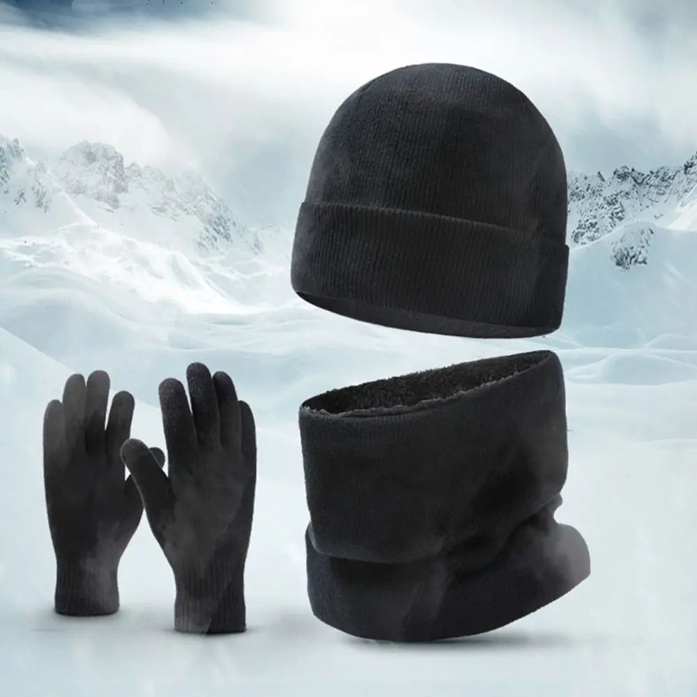 

New Women and Men Knitted Touch Screen Gloves Winter Warm Fleece Scarf Beanie Cap Hat Scarf Gloves Set