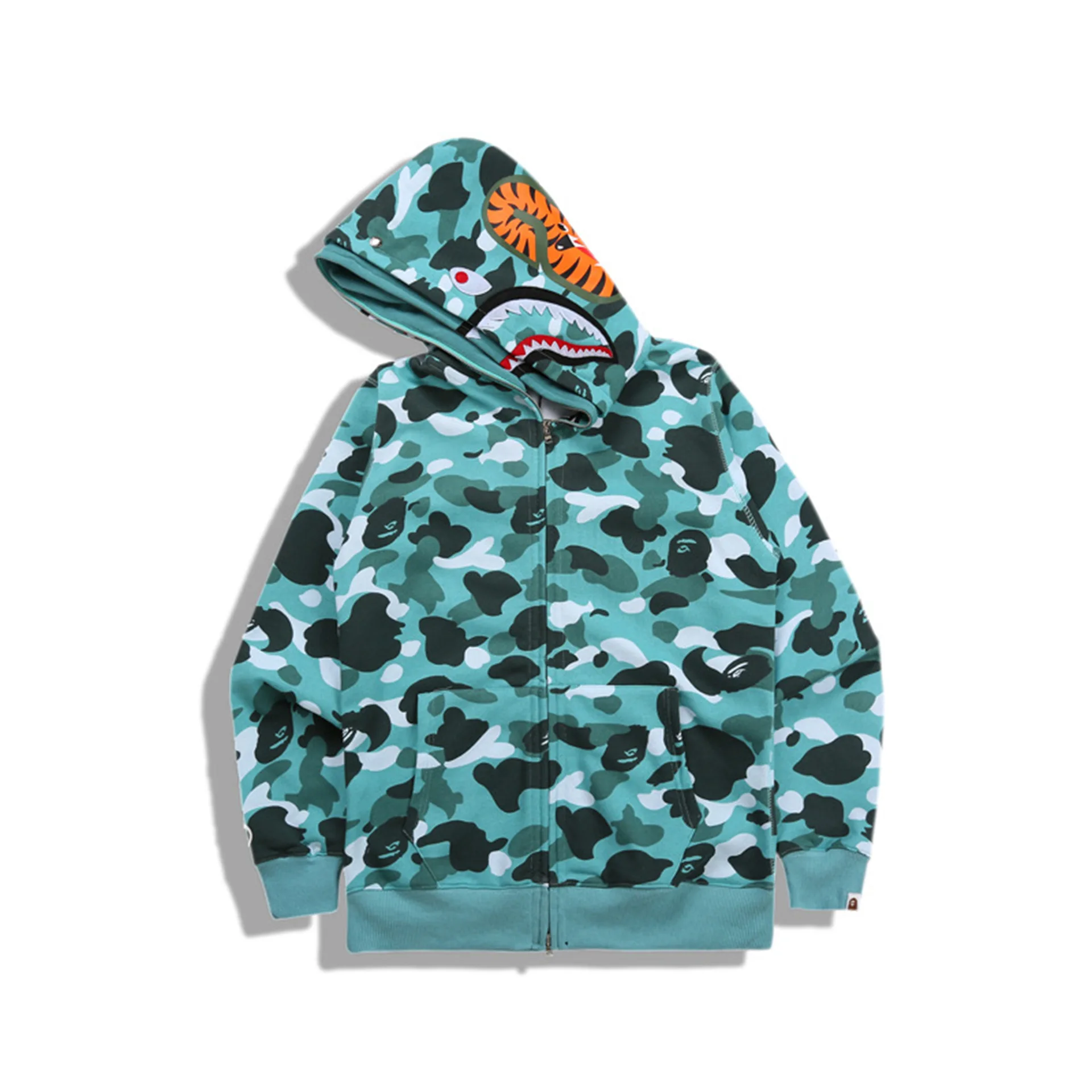 

Shark Men's And Women's Camo Hooded Zip-Up Head Sweatshirt, Street Wear, Popular Hip Hop, Spring And Fall Fashion, 2023 Novel