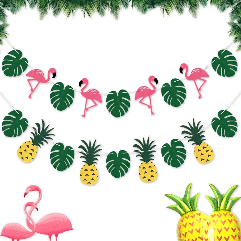 

Flamingo Party Banner Summer Tropical Palm Leaves Happy Birthday Party Decor Flags Pineapple Banners Beach Luau Party Supplies