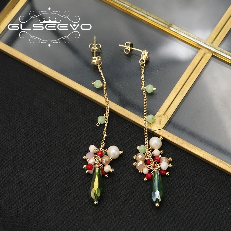 

GLSEEVO Long Chain Blue Green Drop Pearl Pendant Earrings For Woman Retro Classic Fashion Trend Fine Jewelry Anniversary Gifts