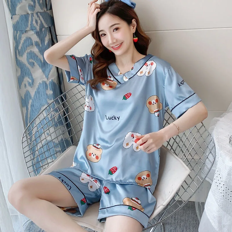 Pajamas Women's Summer Thin Ice Silk V-Neck Short Sleeves Pyjamas Cartoon Loose Women's Home Clothes Sleepwear Sets Sleep Tops
