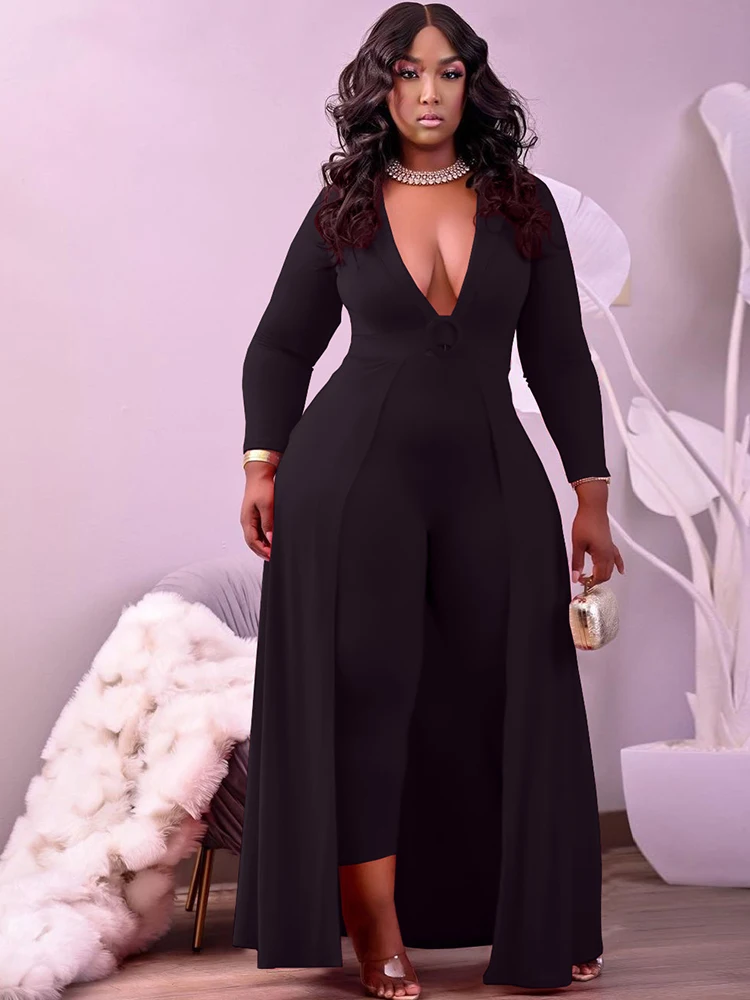 

ZJFZML ZZ Women Clothing Jumpsuit Plus Size Red Black Deep V Neck Long Sleeve One Piece Overall Romper Dropshipping Wholesale