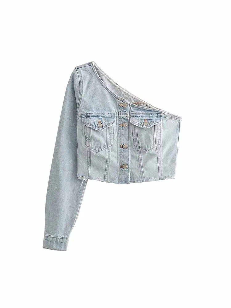 

Women New Fashion Pocket decoration Denim Asymmetric backless Tops Vintage One shoulder sleeve Button-up Female Shirts Chic Tops