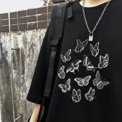 Женская футболка в стиле Харадзюку, черная Винтажная Футболка оверсайз с коротким рукавом и принтом бабочек в готическом стиле, Y2K,