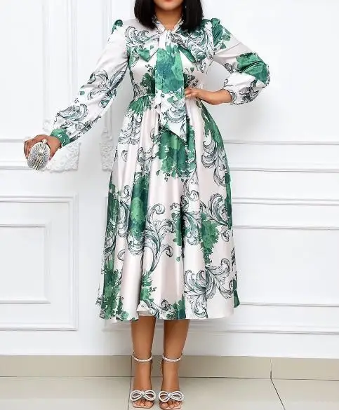 

Women's Long Dress 2023 Autumn Dress Long-Sleeved Strappy Printed Dress Long Skirt Waist Shirt Women's Dress Fashion Street Wear