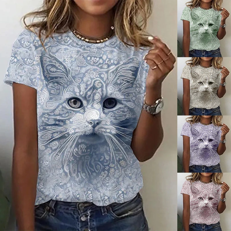 

2022 Summer Women's Holiday 3D Printed T Shirt Cat Graphic 3D Print Round Neck Basic Tops Casual Female Shirt Abstract Pullover