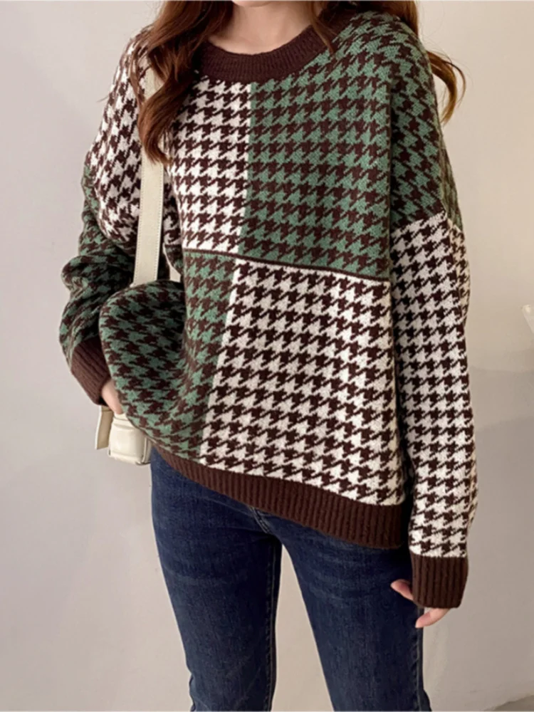

Houndstooth Women Sweater and Pullovers Patchwork Spring Soft Basic Warm Cashmere Pullovers Mock Neck Loose Female Jumper
