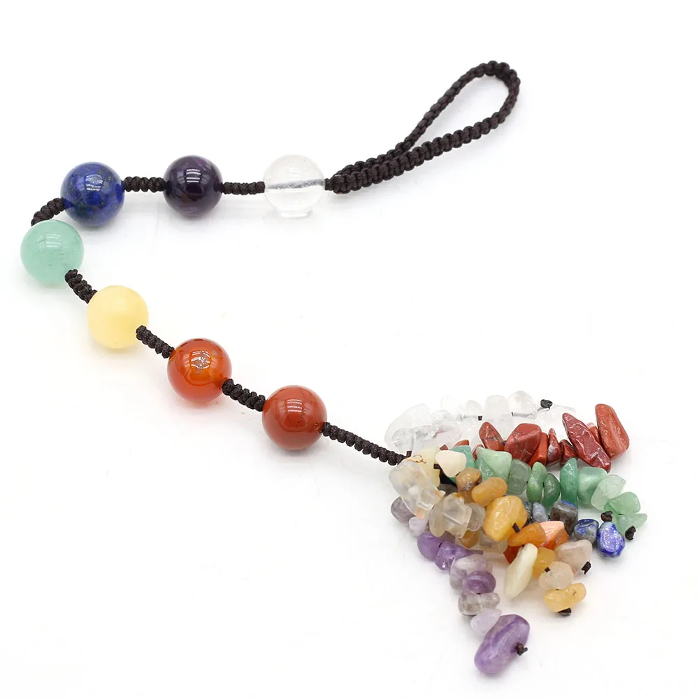 

Natural Crystal Stone Car Pendant Seven-color Chakra Tumbled Gemstone Tassel Hanging Ornament Stones Car Decor
