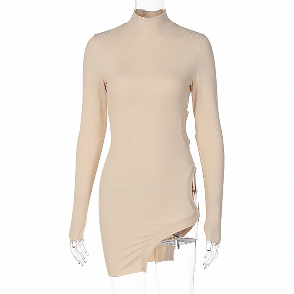 

2022 Spring Ribbed Hollow Out Black Sexy Mini Dresses Women Party Turtleneck Long Sleeve Bodycon Dress Ladies Club Short Dress