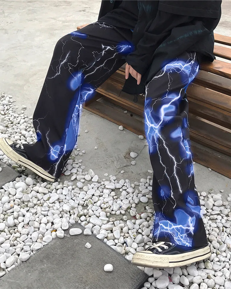 

2023 Spring and Autumn Men's Ins Europe and The United States Fengharajuku Dark Street Retro Lightning Casual Pants Streetwear