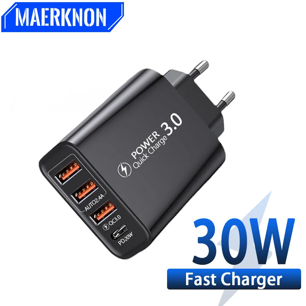 

Дорожное зарядное устройство 3USB + Type-Cpd, зарядное устройство европейского стандарта, черное, быстрое зарядное устройство с несколькими портами, подходит для USB